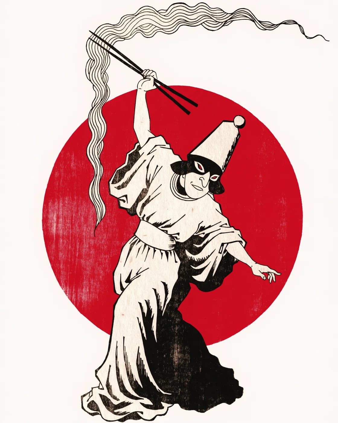 Illustrazione: Pulcinella che solleva i noodles con le bacchette, davanti a un sole rosso.
